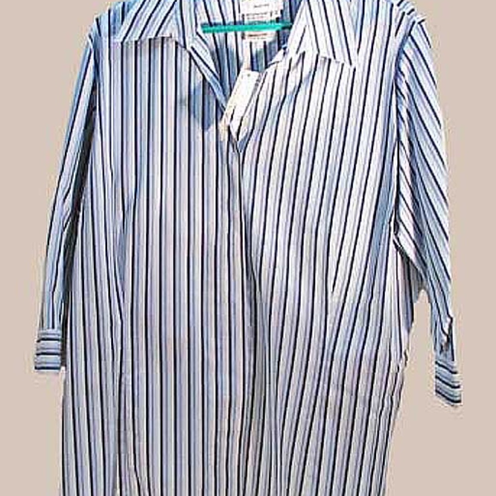BLOUSE, TUNIC LENGTH, SIZE 16W, BLUES/WHITE VERTICAL STRIPE, STRETCH FABRIC, 3/4
